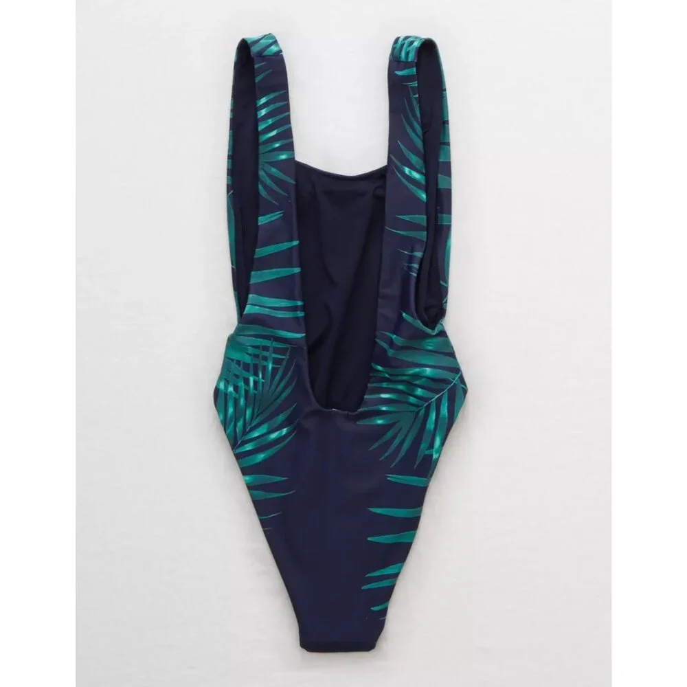 Aerie NWT Super Scoop One Piece Swimsuit in Rich Navy Palm Leaves size XXL